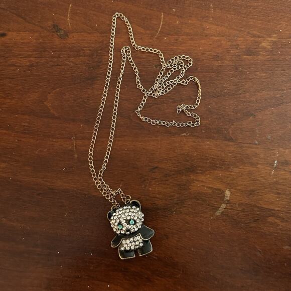 Black & White Panda Bear Crystal Pendant Necklace Gold Tone Chain Bling 30” - Picture 2 of 3
